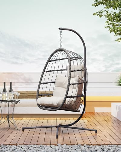 HWB Hanging Egg Chair with Stand, Patio Wicker Hammock Egg Swing Chair with Cushion for Bedroom Garden Indoor Outdoor (Beige)