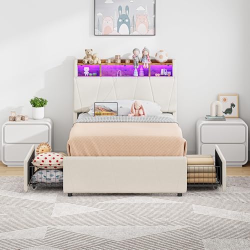 LIKIMIO Twin Bed Frame with 2 Storage Drawers, Charging Station & LED Lights, Upholstered Platform Twin Bed with Storage Headboard