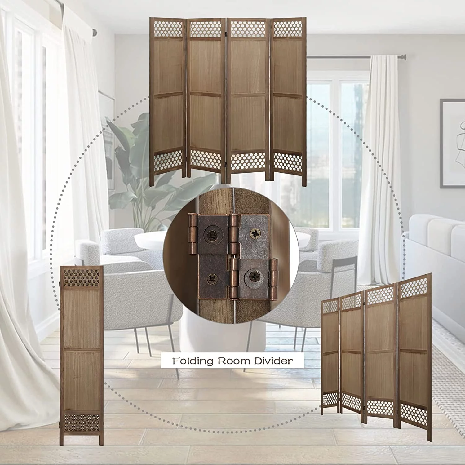 Hofitlead 4 Panel Room Divider, 5.6Ft Room Dividers and Folding Privacy Screens, Light Brown