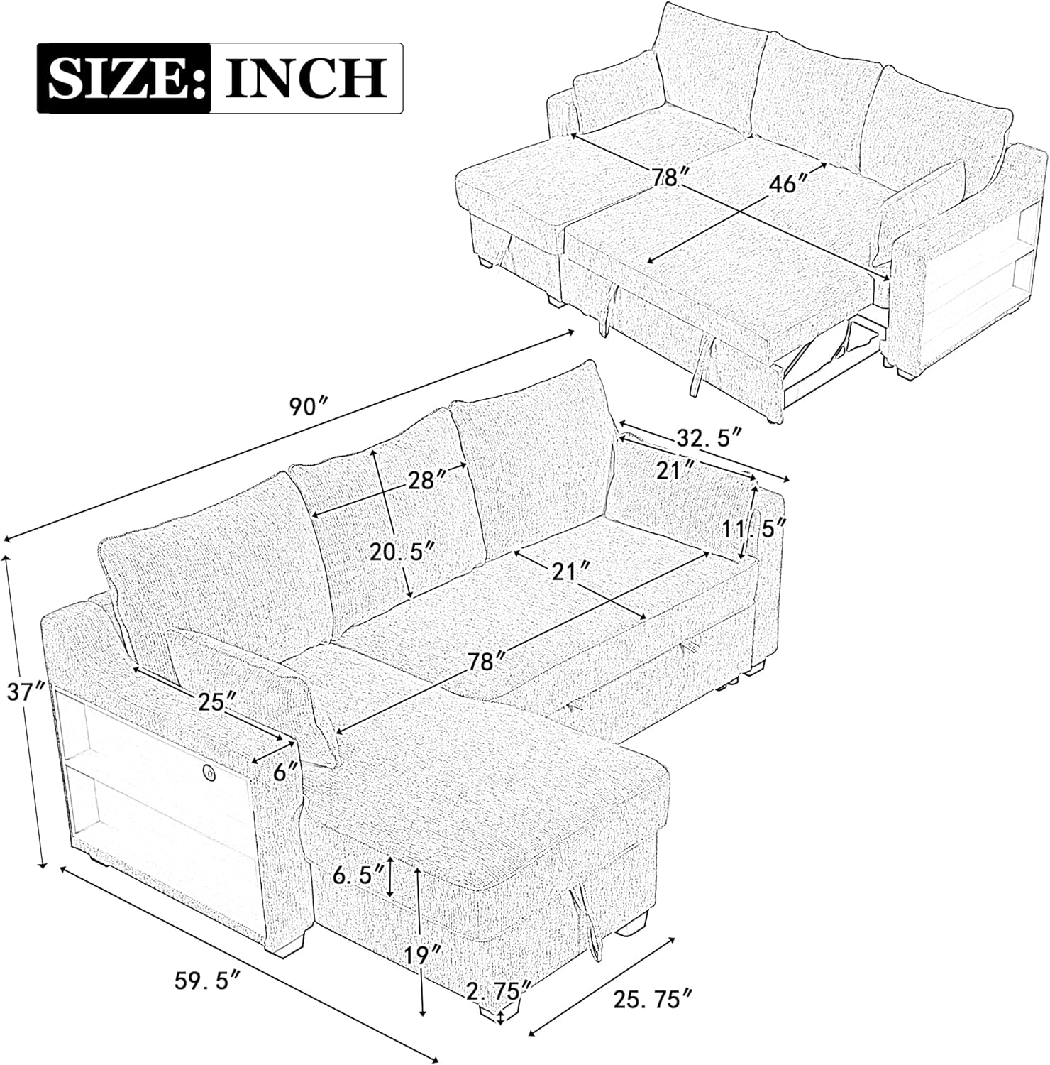 FANYE L-Shape Reversible Sleeper Sectional Couch Pull Out Sofa Bed w/Storage Chaise,Racks and USB Ports