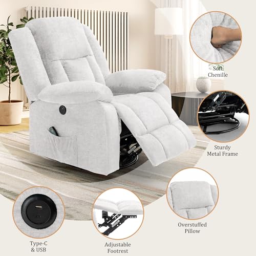 Rocker Recliner Chair, Glider Recliner Chairs for Adults, 360° Swivel Recliner with Massage and Heating