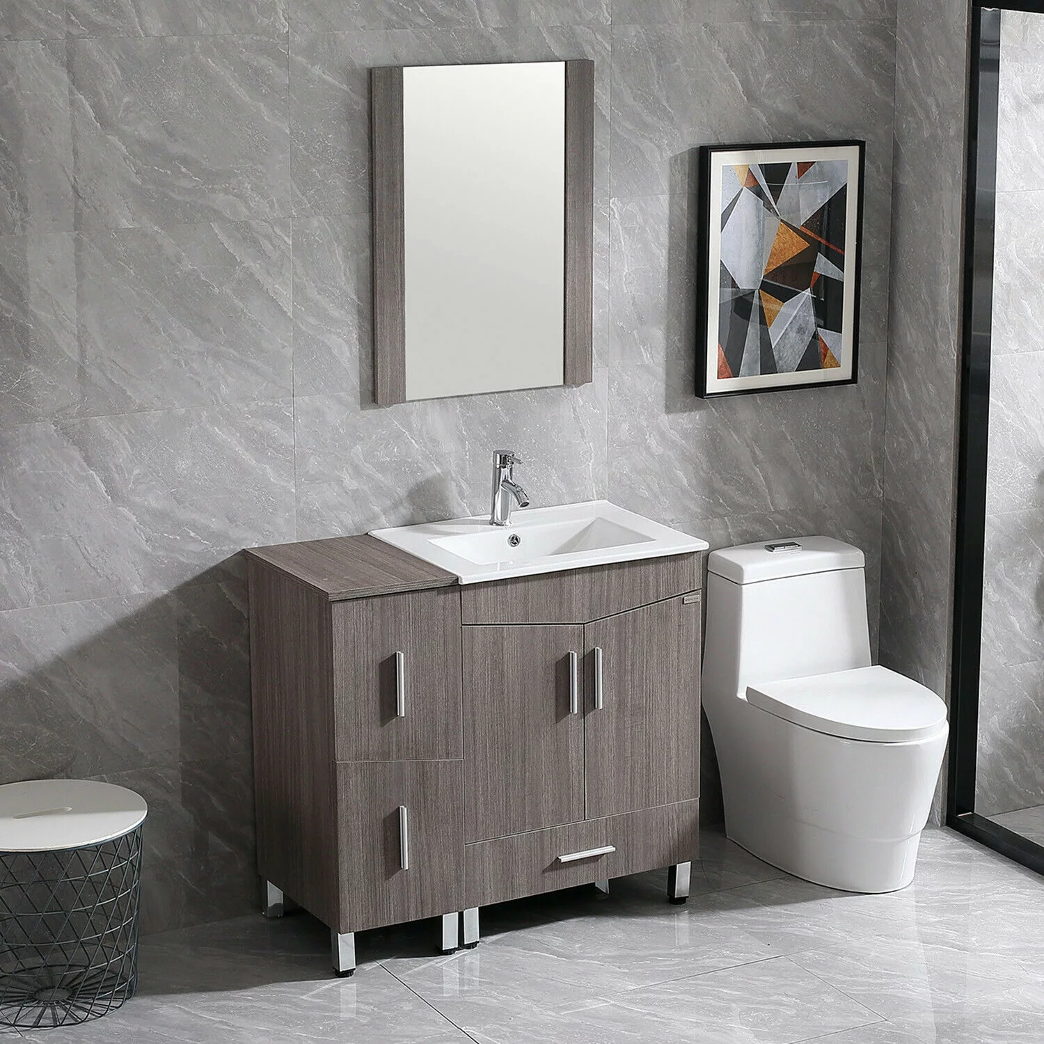 Wonline 36" Bathroom Vanity in Light Brown with Ceramic Base with Sink Faucet Drawers Wood Bath Cabinet Nordic Style