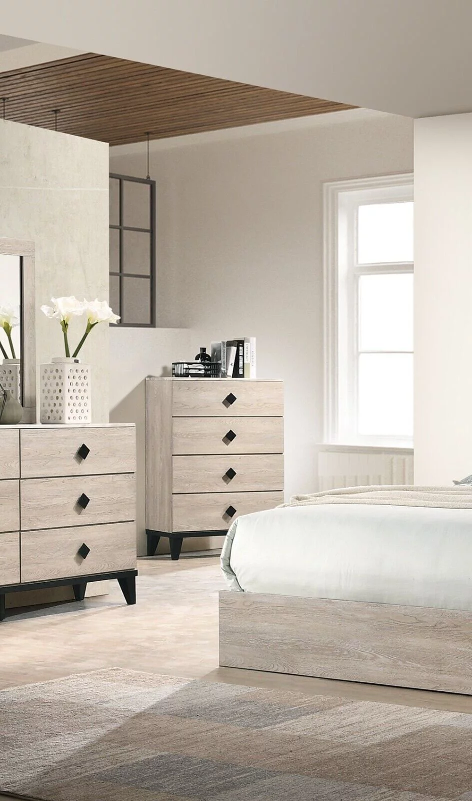 Transitional Cream Color Dresser Mirror 2x Nightstands Chest 5pc Bedroom Set Unique Handle pulls Rubberwood Veneer Furniture