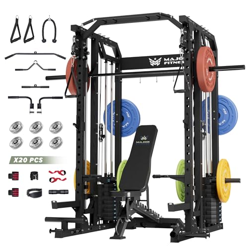 Major Fitness Smith△ Machine Drone2 Premium, All-in-One Home Gym Squat Rack with Aluminum Pulley Set , Weight Bar