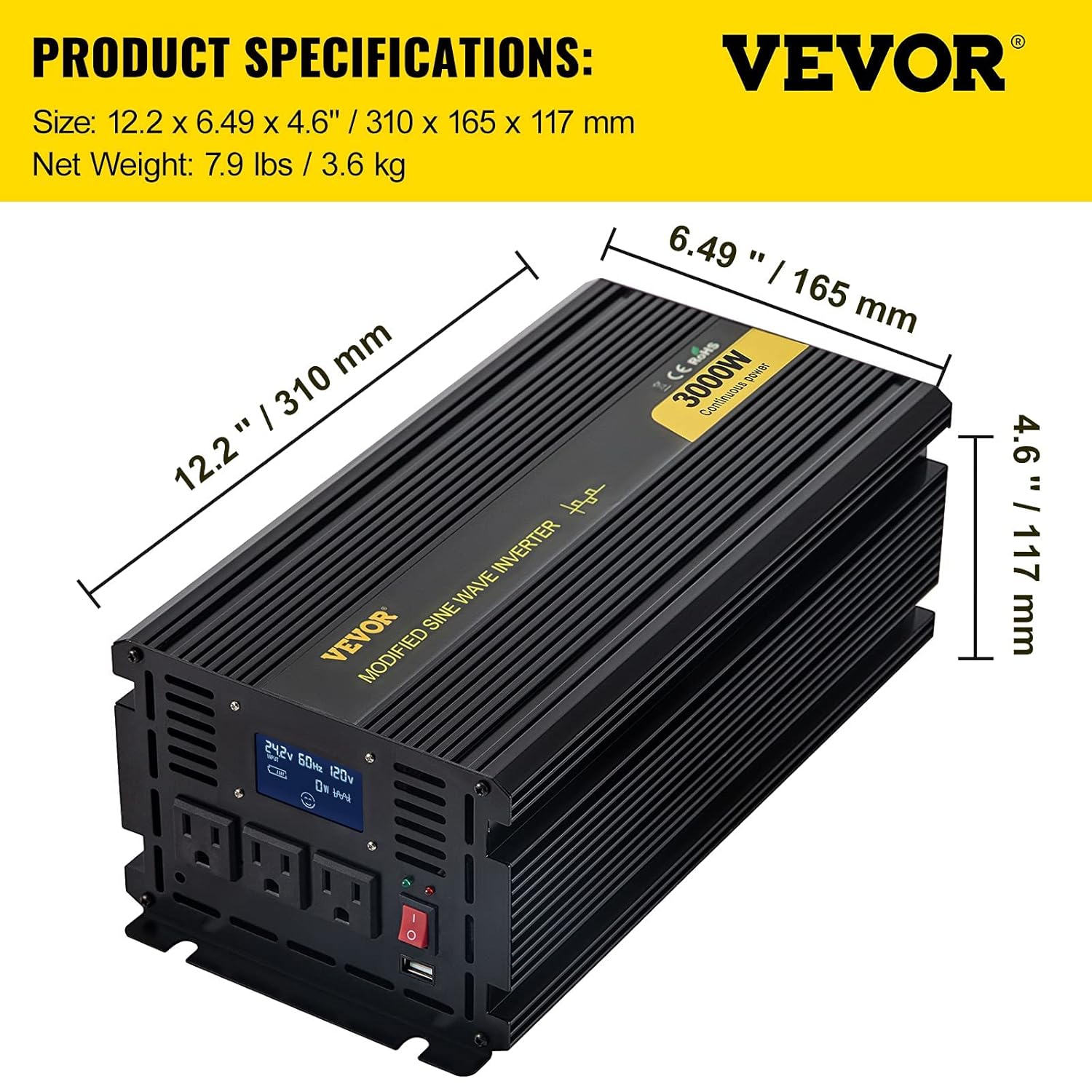 VEVOR Power Inverter, 3000W Modified Sine Wave Inverter, DC 24V to AC 120V Car Converter, with LCD Display, Remote Controller, LED Indicator
