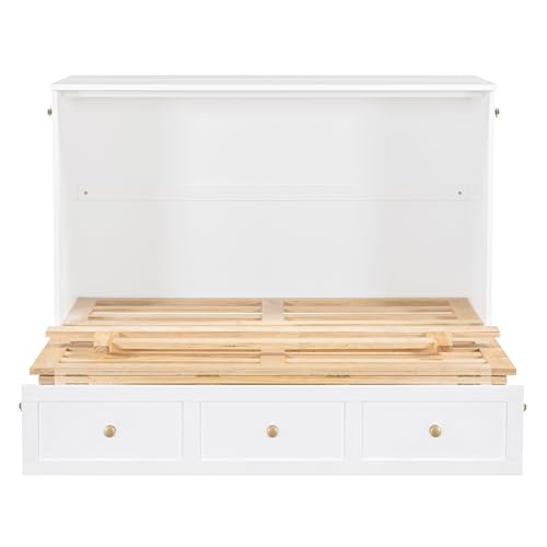 Ball & Cast Queen Size Solid Pine Murphy Bed Chest,Cabinet Hideaway Bed with Charging Station and Large Storage Drawer,Wood Wall Bed can be Folded