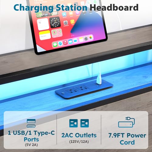 Full Size Bed Frame with Headboard, LED Platform Bed with 4 Storage Drawers, Built in Charging Station, Noise-Free, Metal Support Base
