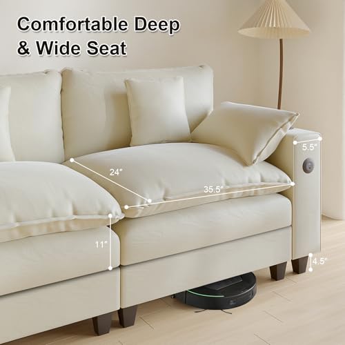 Modular Sectional Sofa, Cloud Couch with Ottoman, Charging Station, Throw Pillows, Cup Holders, Modern Convertible U Shaped Couches for Living Room