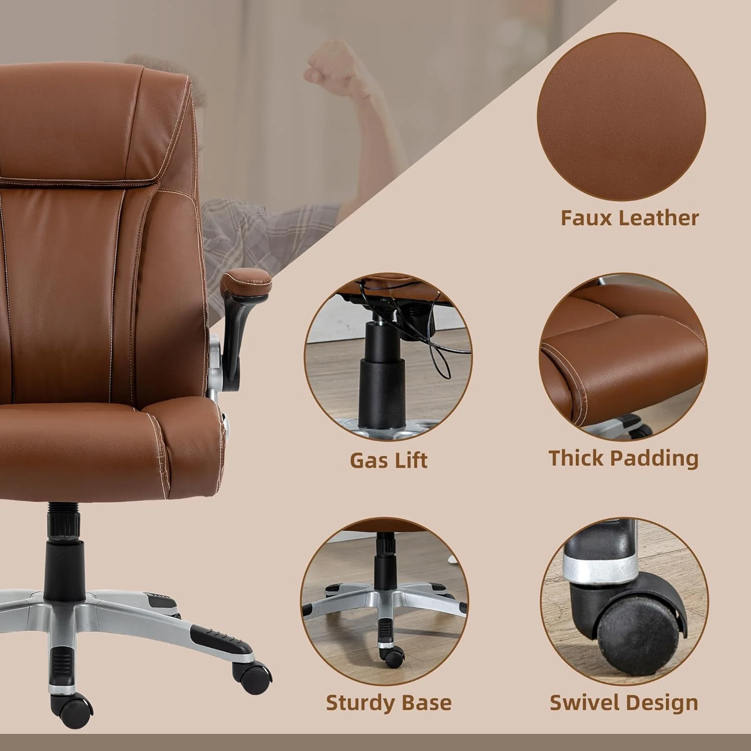 Executive Massage Office Chair With 6 Vibration Points, Heated Faux Leather Computer Desk Chair With -Up Armrest, Adjustable Height, Swivel Wheel