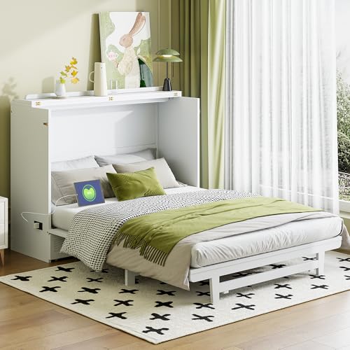 Harper & Bright Designs Full Size Murphy Bed Cabinet Wall Bed, Solid Pine Murphy Bed Chest with USB Ports