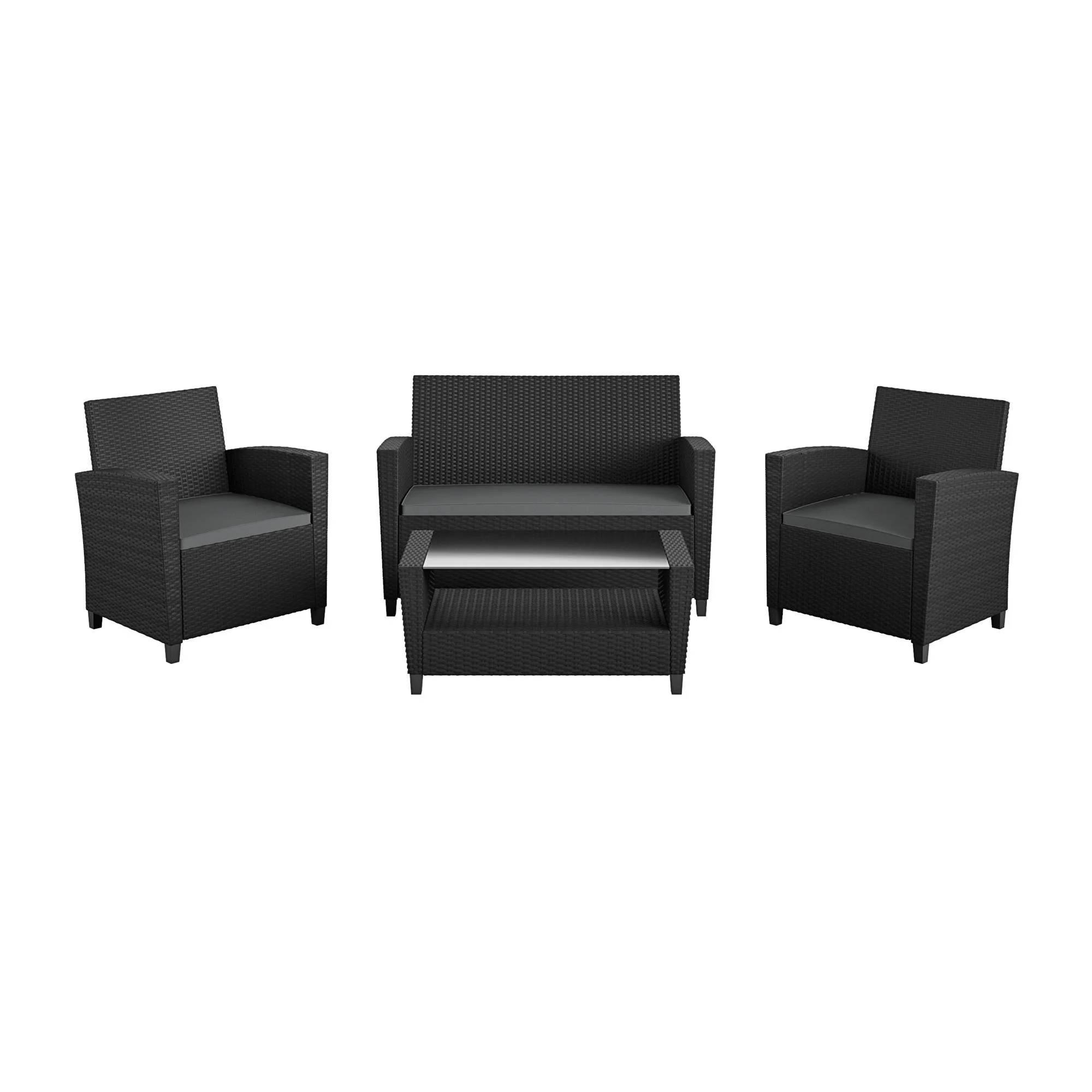 COSCO Outdoor 4 Piece Conversation Set, No Tools Assembly, Gray Cushions, Black Resin Wicker