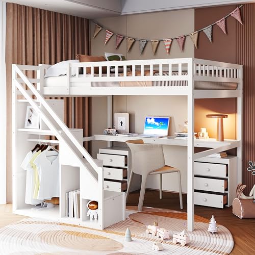 Modern Full Size Gaming Loft Bed with Built-in Desk and Storage Wardrobe, Wood Loft Bed Frame with Light Strip and 2 Drawers