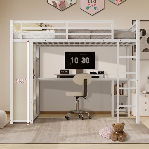 Queen Heavy Duty Metal Loft Bed with L-Shaped Desk, Wardrobe & 5 Storage Shelves – Space-Saving Design for Kids, Teens, Adults – CPC Certified