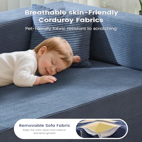 Convertible Sleeper Sofa Bed No Assembly Corduroy Upholstered Green Modular Floor Couch Queen/King Size Foldable Futon with Memory Foam for Apartment
