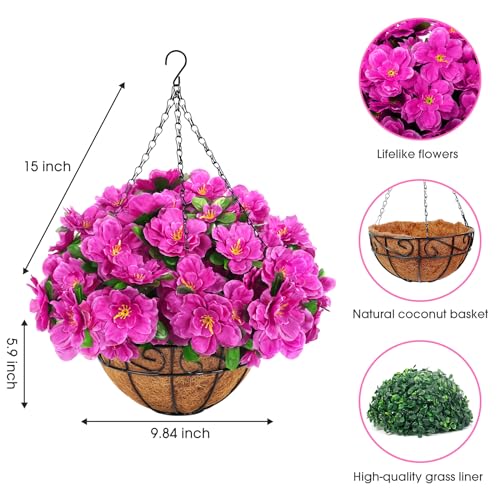 Artificial Hanging Flowers with Basket, Silk Azalea Flowers in Coconut Lining Hanging Baskets