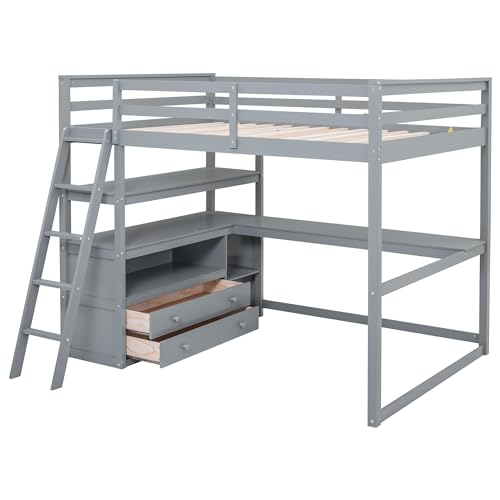 Full Size Loft Bed with Desk & Wardrobe, Solid Wood Kids Loft Bedframe w/3 Storage Drawers & 2 Shelves, Maximum Space Design, for Bedroom, Dorm, Gray