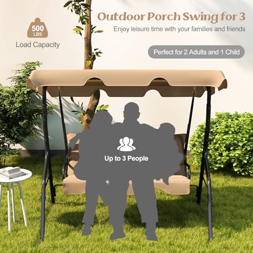 Tangkula 3 Person Porch Swing, Patio with Removable Cushion & Powder-Coated Steel Frame, Outdoor Swing with Canopy for Porch, Backyard, Garden
