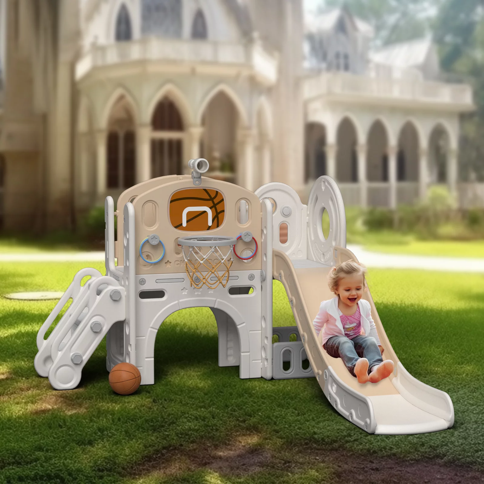 KORIMEFA 7-in-1 Kids Slide with Climber, Toddler Climber Slide Play Set with Basketball Hoop, Tunnel, Telescope and Storage Space