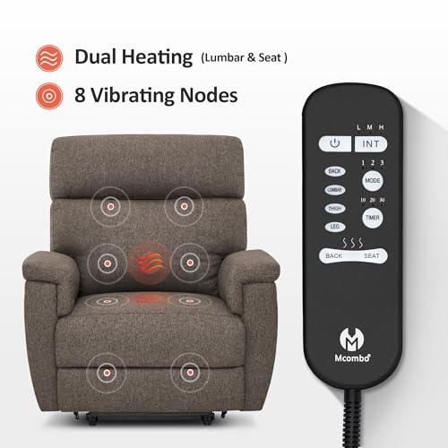MCombo Power Lift Recliner Chair with Massage and Dual Heating, Adjustable Headrest, Extended Footrest for Elderly People, Fabric R7605 (Dark Grey)