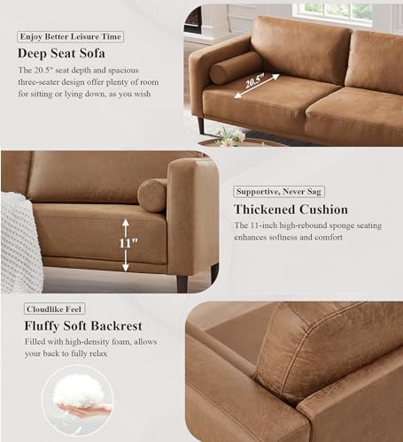 HIFIT Sofa Couches, 79” Mid-Century Modern Couch, Breathable Faux Leather Couch with Upholstered Cushions/Pillows, 3-Seat Sofas & Couches