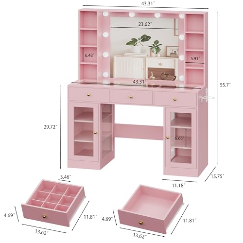 White Vanity Desk with Mirror and Lights, Glass Top Vanity with Lighted Mirror & RGB Glass Cabinet and 3 Drawers