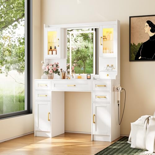 NUNU LAB 42 Inchs Large Vanity Desk with Mirror and Lights with 6 Drawers and 4 Cabinets, Big Women Makeup Table with Power Outlet