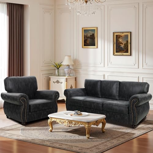 Mid-Century Vintage Sofa Couches with Rivet Design,3-Seater Sofa,Removable Sofa Cover Upholstered Cushions and Solid Wood Frame (Brown, 3-Seater)
