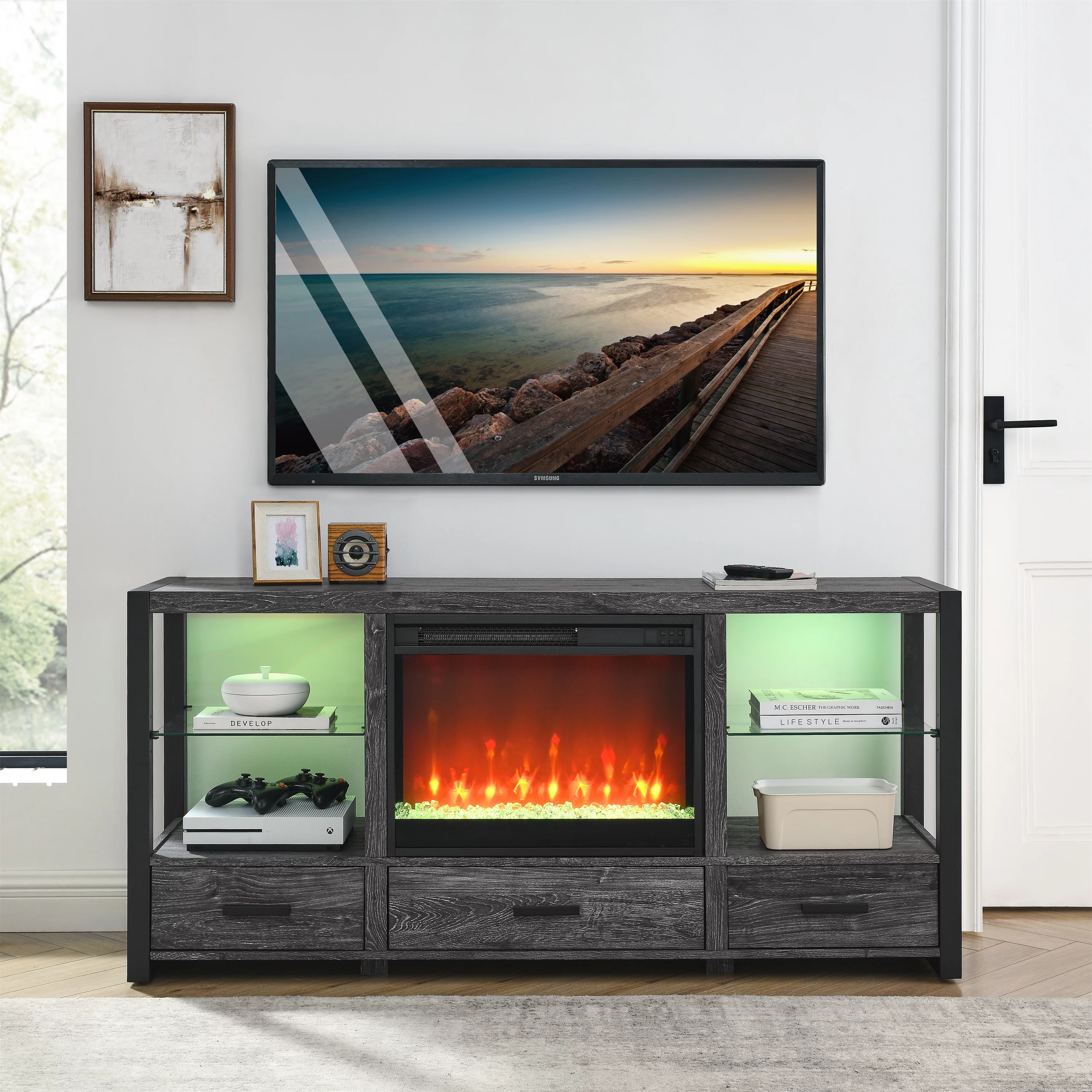 60 Inch Electric Fireplace Media TV Stand with Sync Colorful LED Lights-Dark Rustic Oak Color