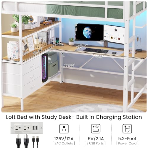 DICTAC Loft Bed Full Size with L-Shaped Desk and Charging Station Full Metal Bed Frame with LED Lights,Open Shelves and 3 Fabric Storage Drawers