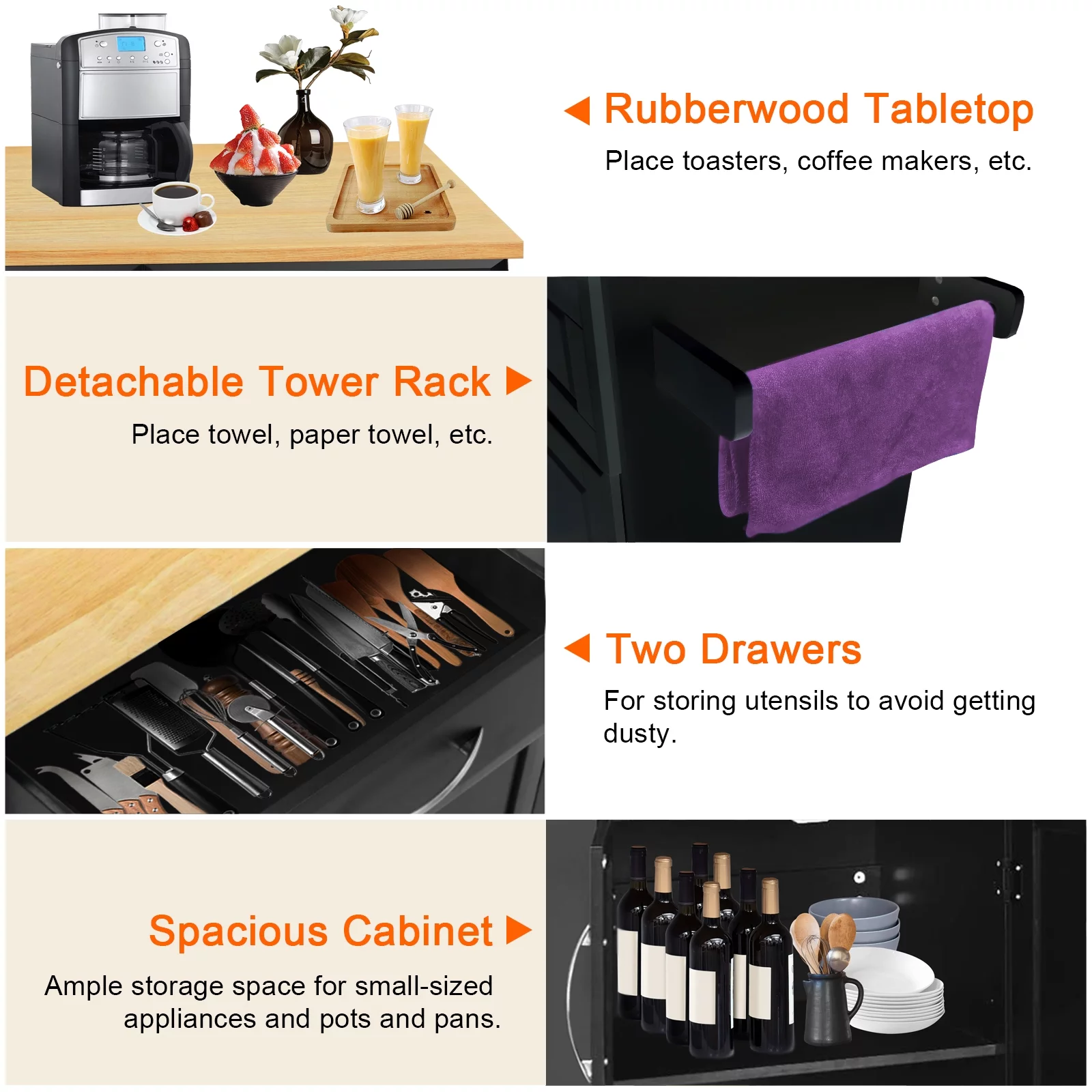 Codesfir Kitchen Island with Drawers and Large Storage Cabinet, Rolling Kitchen Serving Cart with Towel Holder Utility Trolley and Adjustable Shelves