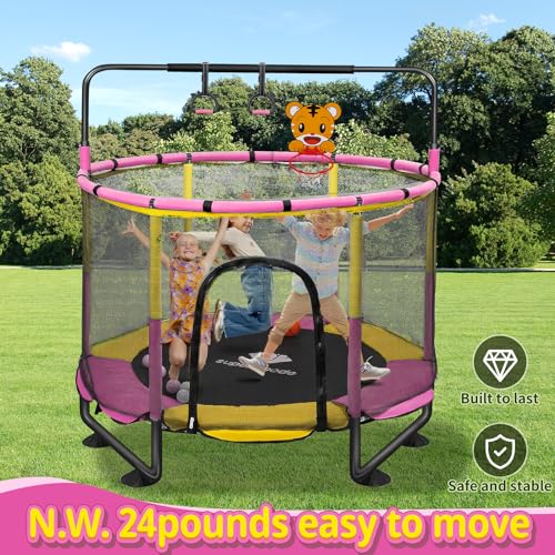 Trampoline for Kids, 5FT Adjustable for Toddler, Indoor/Outdoor Baby Trampoline with Enclosure Net, No-Gap Safe Design, Gifts for Boys & Girls
