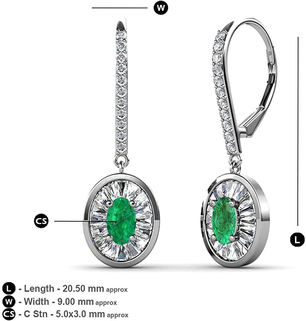 TriJewels Oval Cut Emerald and Baguette Diamond 1 1/8 ctw Womens Halo Drop and Dangle Earrings 14K Gold