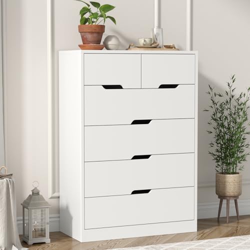 6 Drawer Dresser for Bedroom, Tall White Dresser with Large Organizer, Modern Chest of Drawers, Wooden Dresser with Deep Storage Drawer