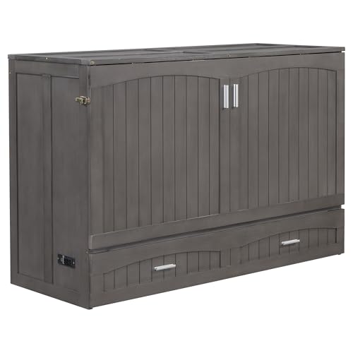 Harper & Bright Designs Queen Size Murphy Bed Cabinet, Solid Pine Wall Bed Chest with USB