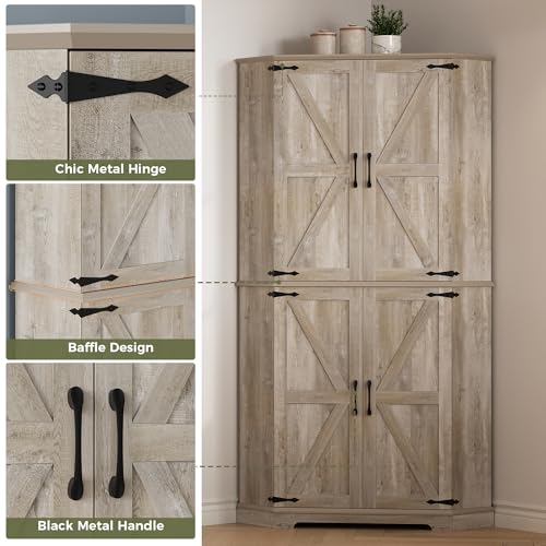 IRONCK Corner Cabinet, 72" Kitchen Pantry Cabinet, 6-Tier Farmhouse Pantry with 4 Adjustable Shelves, 240° Swivel Doors, 2 Doors Storage