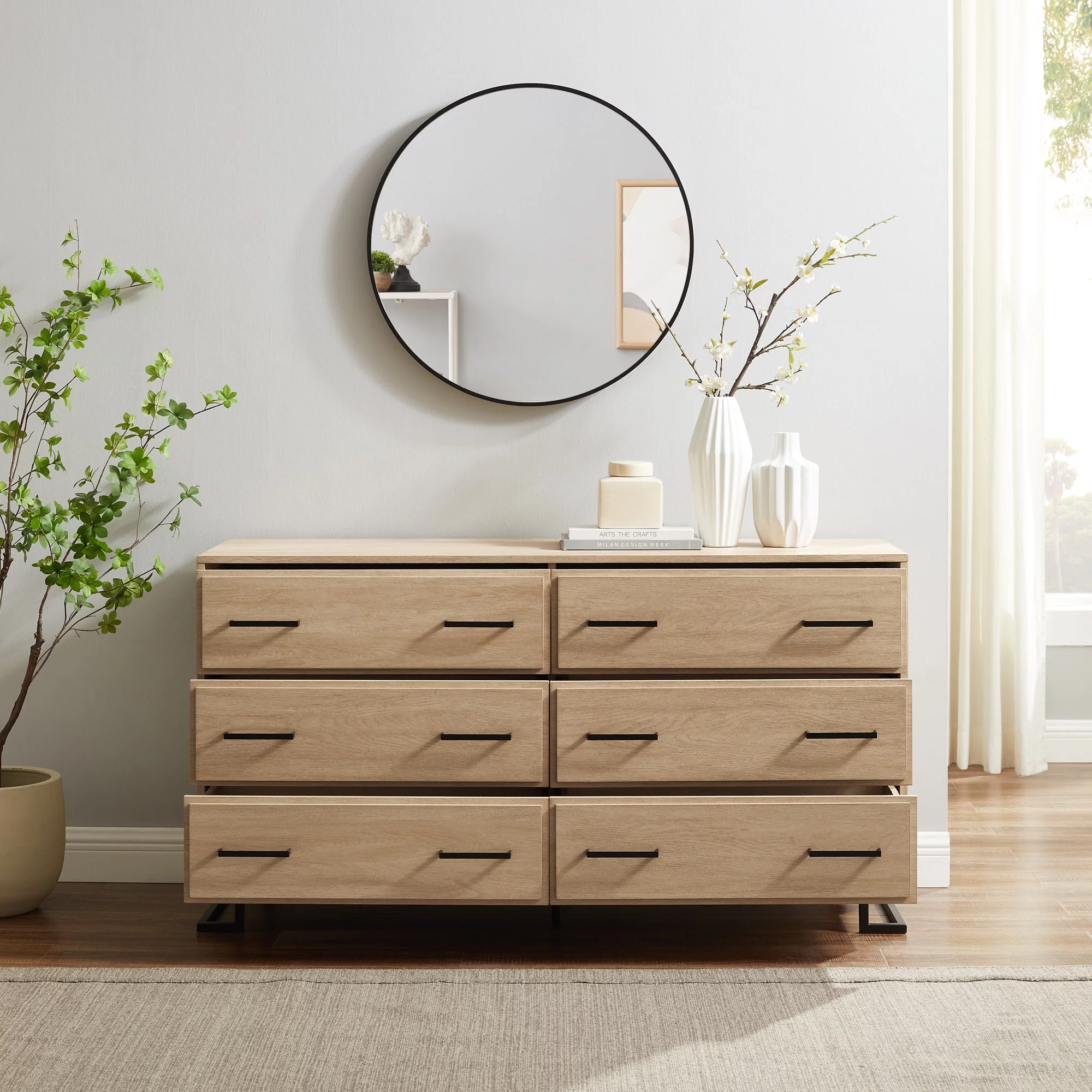 Walker Edison Contemporary Angle-Leg 6-Drawer Dresser, Coastal Oak