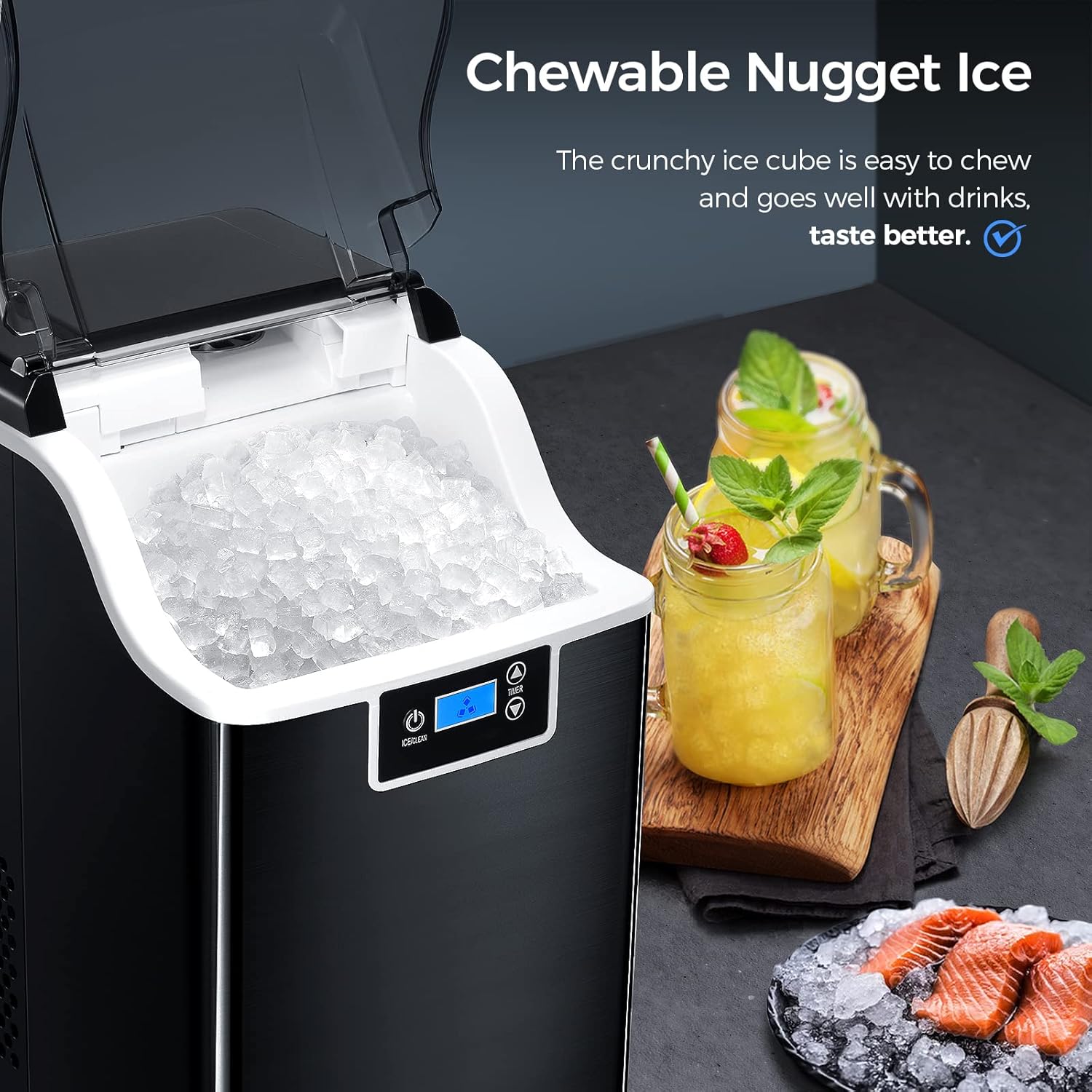 Ice Maker Countertop,Nugget Ice Maker with Self Cleaning,44lbs/Day,3.3lbs 1.5-Hour one Basket,24H Timer,LED Crushed Ice Maker for Home Bar Party