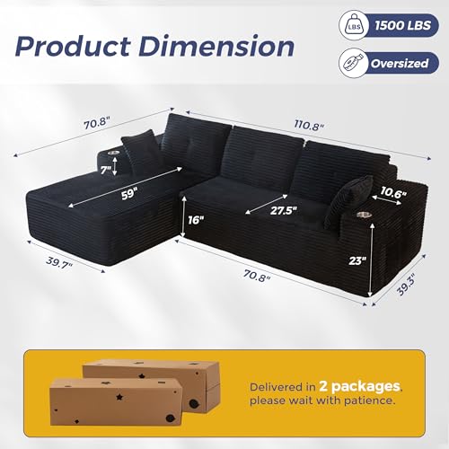 MAXYOYO 110" Modular Sectional Couch with L-Shape Chaise, Modern Boneless Couch for Living Room, Sofa in A Box, Oversized Sofa Sleeper with Deep Seat