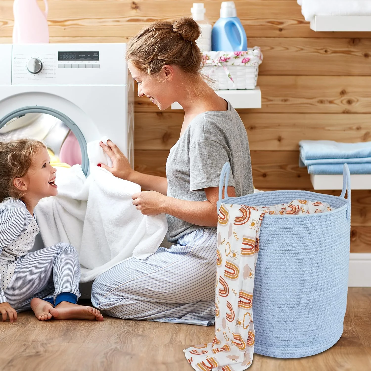 WarmHaven Rope Laundry Basket Hamper for Kids Girl Woven Storage Basket for Living Room Bedroom Boho Tall Baskets for Blanket Toys Pillow Towels Baby