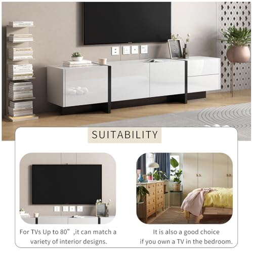 Luxury 75" TV Stand, Modern High Glossy Entertainment Center for TVs Up to 85 inches, TV Console Table with 2 Small Drawers and 3 Big Cabinets