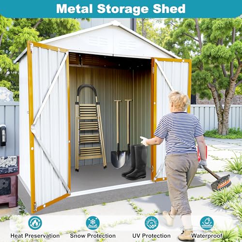 8x6 FT Outdoor Storage Shed, Metal Tool Shed with Lockable Doors, Peaked Roof & Frame Floor
