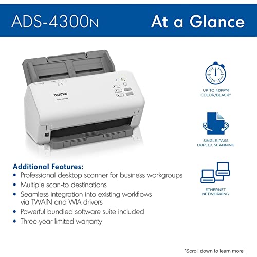 Brother ADS-4300N Professional Desktop Scanner with Fast Scan Speeds, Duplex, and Networking,White