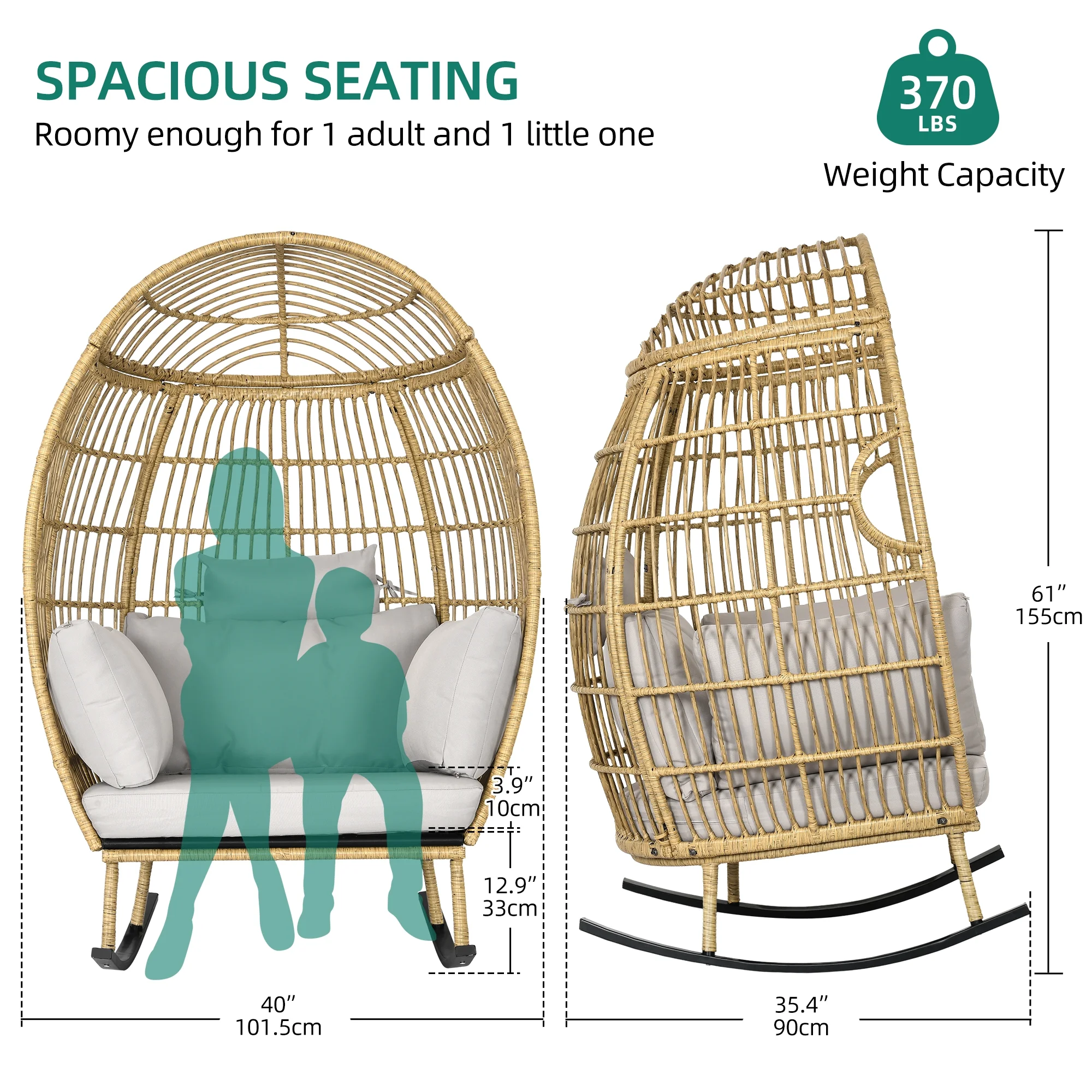 Dextrus Indoor Outdoor Rocking Egg Chair, Wicker Patio Rocking Basket Chair with 385lbs Capacity, All-Weather Oversized Egg Lounger Chair - Grey