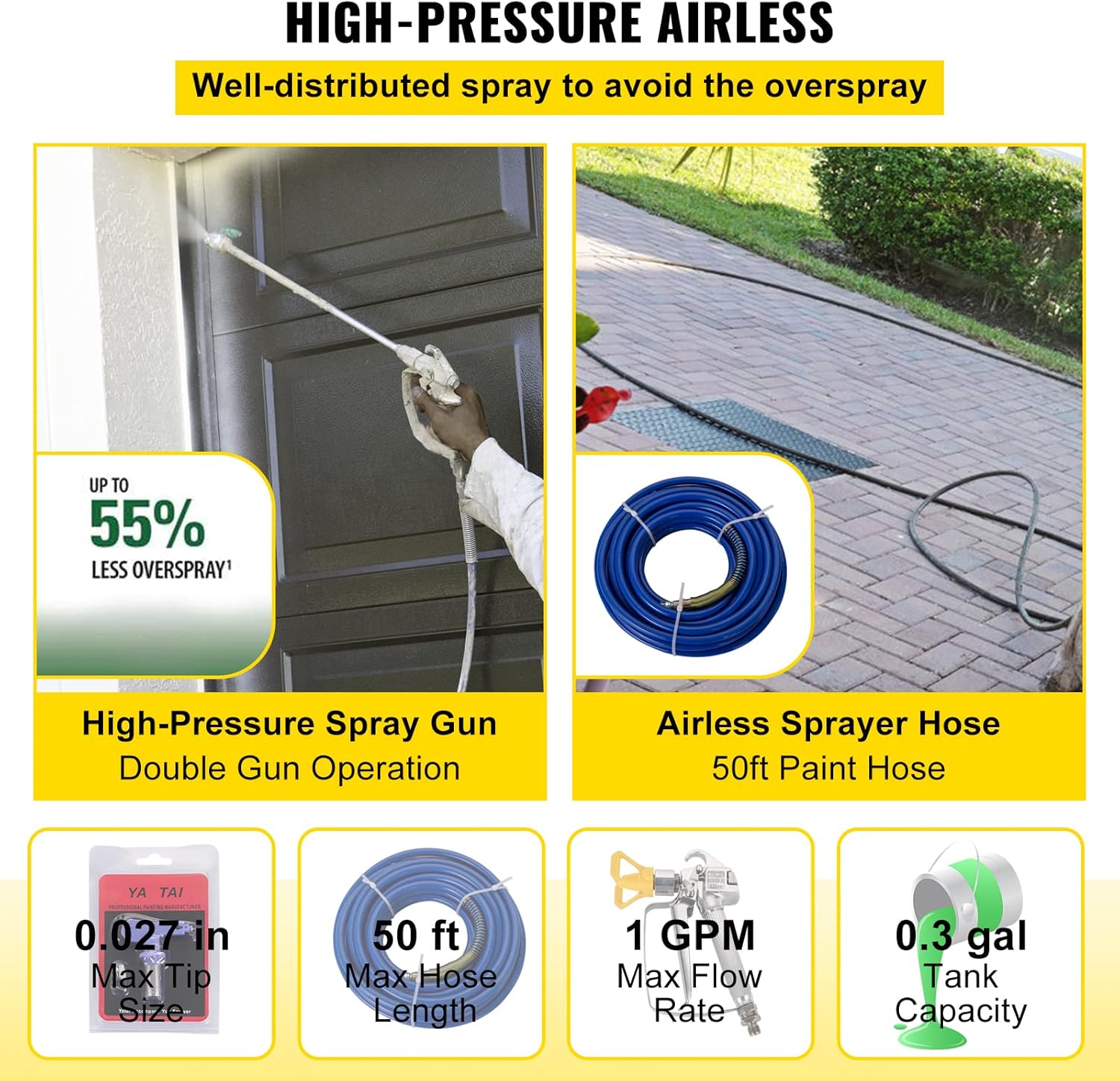 VEVOR Airless Paint Sprayer, 1500W High Efficiency Cart Airless Paint Sprayer, 1GPM 50FT Hose Paint Sprayer,Decreases Overspray by up to 55%