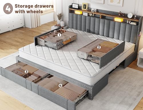 EnHomee Queen Bed Frame with 3 Storage Drawers, Upholstered Bed Frame Queen Size with 2-Tier Storage Headboard, Wooden Slats, No Box Spring Needed
