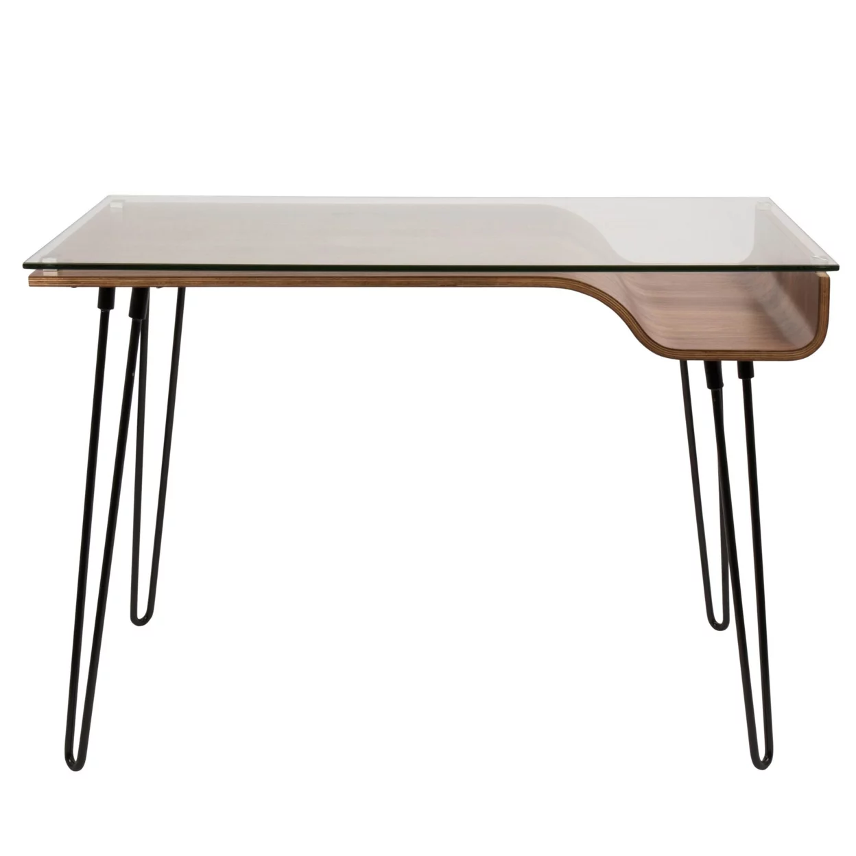 Indoor Home Office Furniture Avery Mid-Century Modern Desk In Walnut Wood, Clear Glass, And Black Metal
