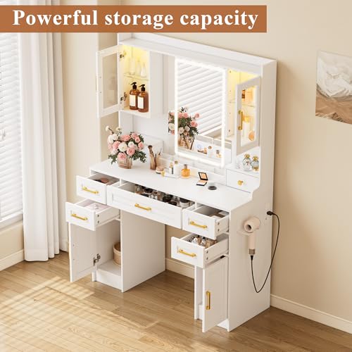 NUNU LAB 42 Inchs Large Vanity Desk with Mirror and Lights with 6 Drawers and 4 Cabinets, Big Women Makeup Table with Power Outlet