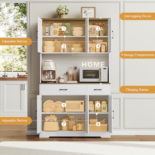 HOSTACK 71" Pantry Cabinet with Charging Station, Tall Kitchen Pantry Storage Cabinet with Microwave Stand