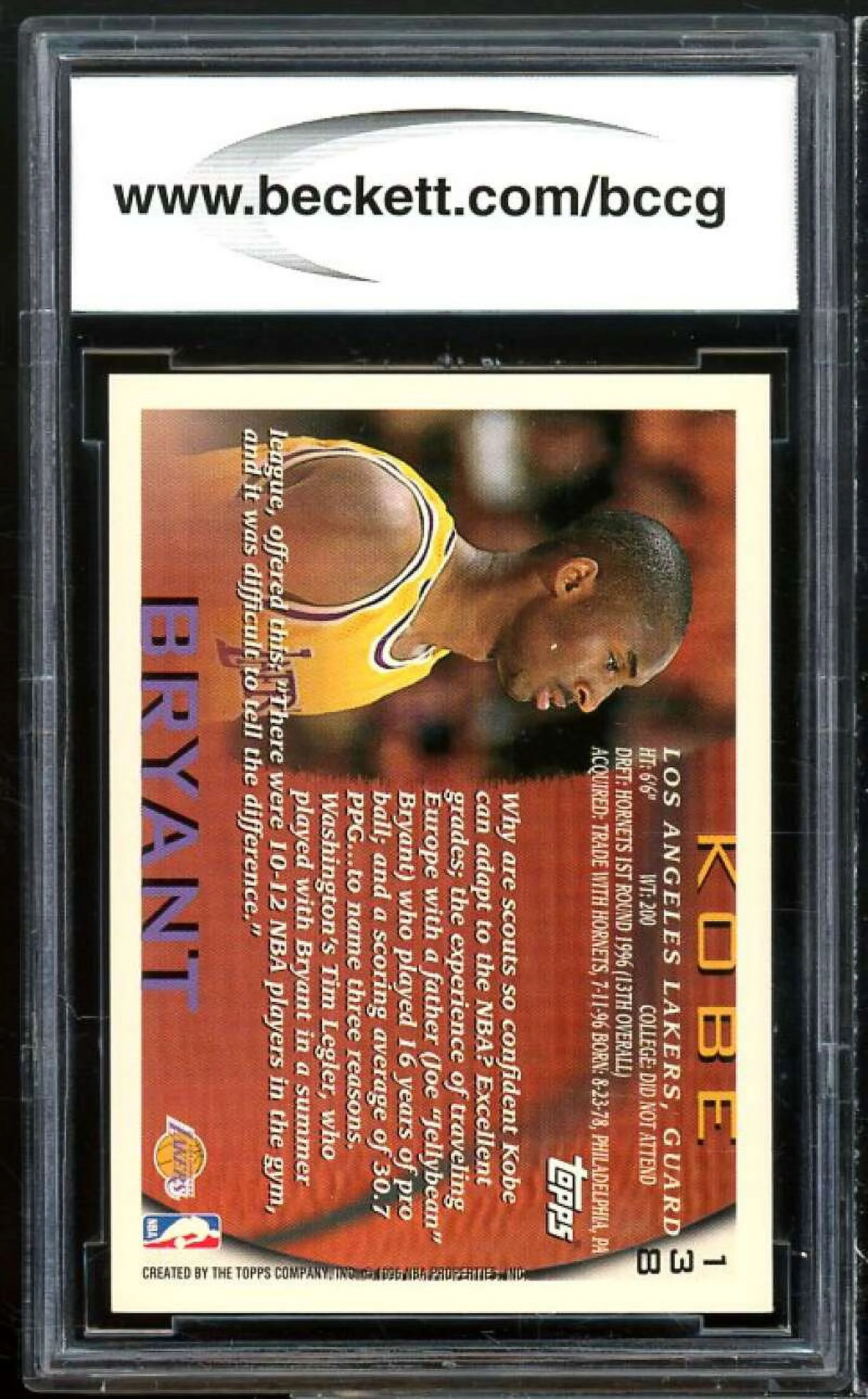 1996-97 Topps #138 Kobe Bryant Rookie Card BGS BCCG 9 Near Mint+