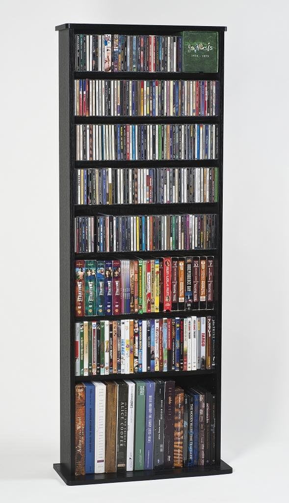 Leslie Dame High Capacity Oak Veneer Multimedia Storage Rack, Black